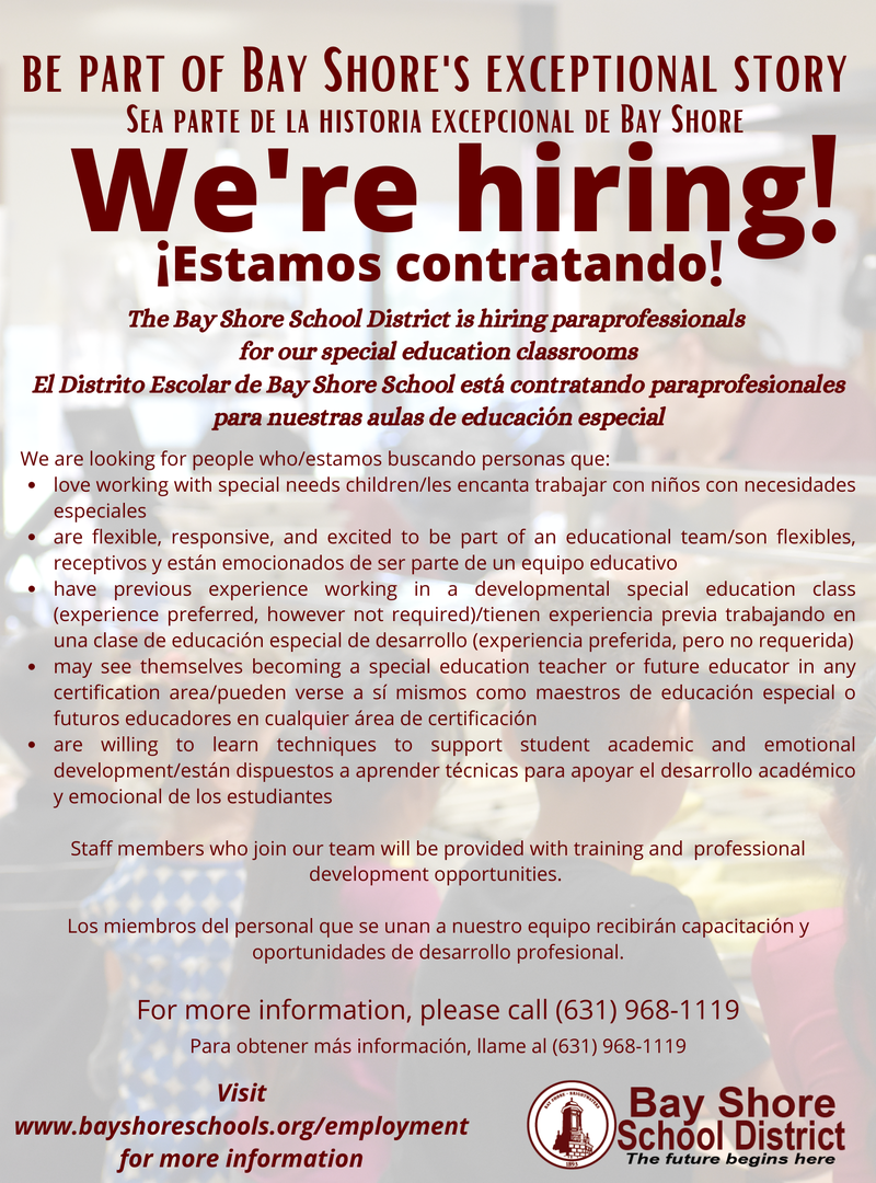 The ֱ School ֱ is hiring! We are hiring for paraprofessionals.