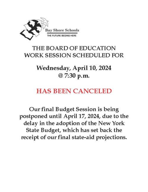 Board of Education Work Session for Wednesday, April 10, 2024 - Canceled