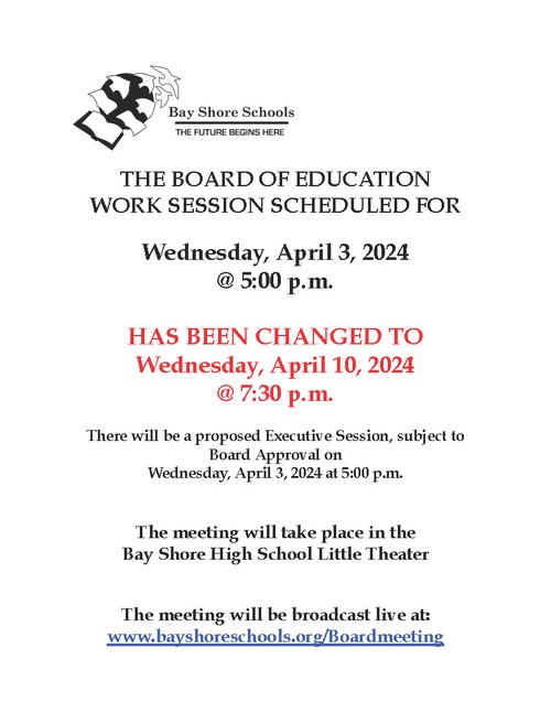 Board of Education Work Session for Wednesday, April 10, 2024