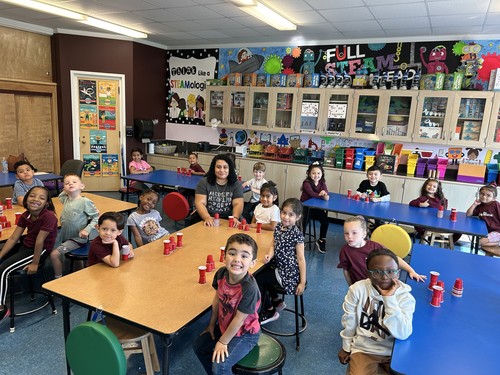 Brook Avenue students built cup towers.